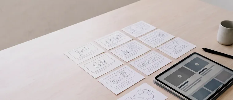明るい木のテーブルに並べられた絵コンテカードとタブレット