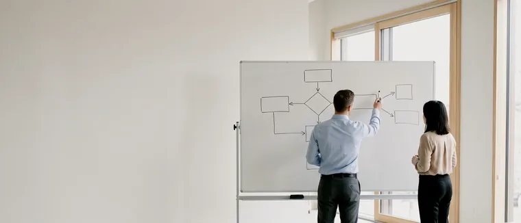 ホワイトボードに描いた業務フローを前に、二人で改善点を検討している様子